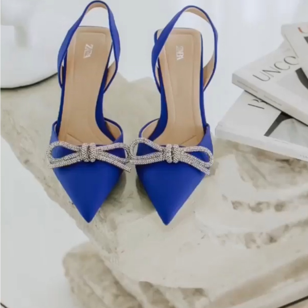 Zara jewel rhinestone bow slingbacks Kitten heel shoes sz 39/ US sz 8 NWOB blue